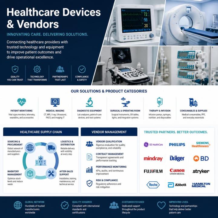 Healthcare devices and vendors, medical equipment manufacturers, hospital technology suppliers, medical device companies, healthcare technology vendors, diagnostic equipment, patient monitoring devices, medical
